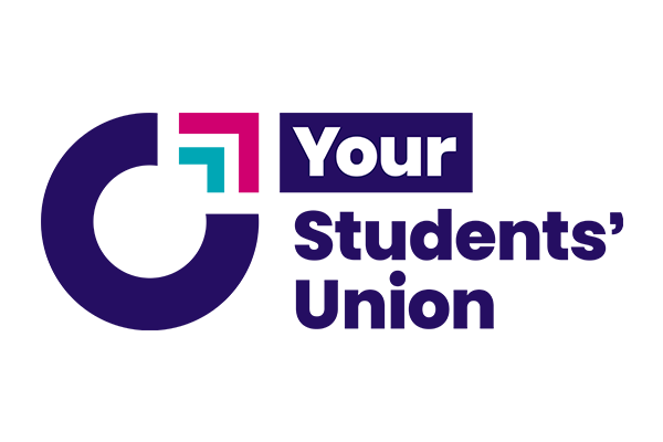 The Students' Union logo. A dark blue ring with the top right hand quarter replaced by a pair of upwards pointing chevron arrows in light blue and pink