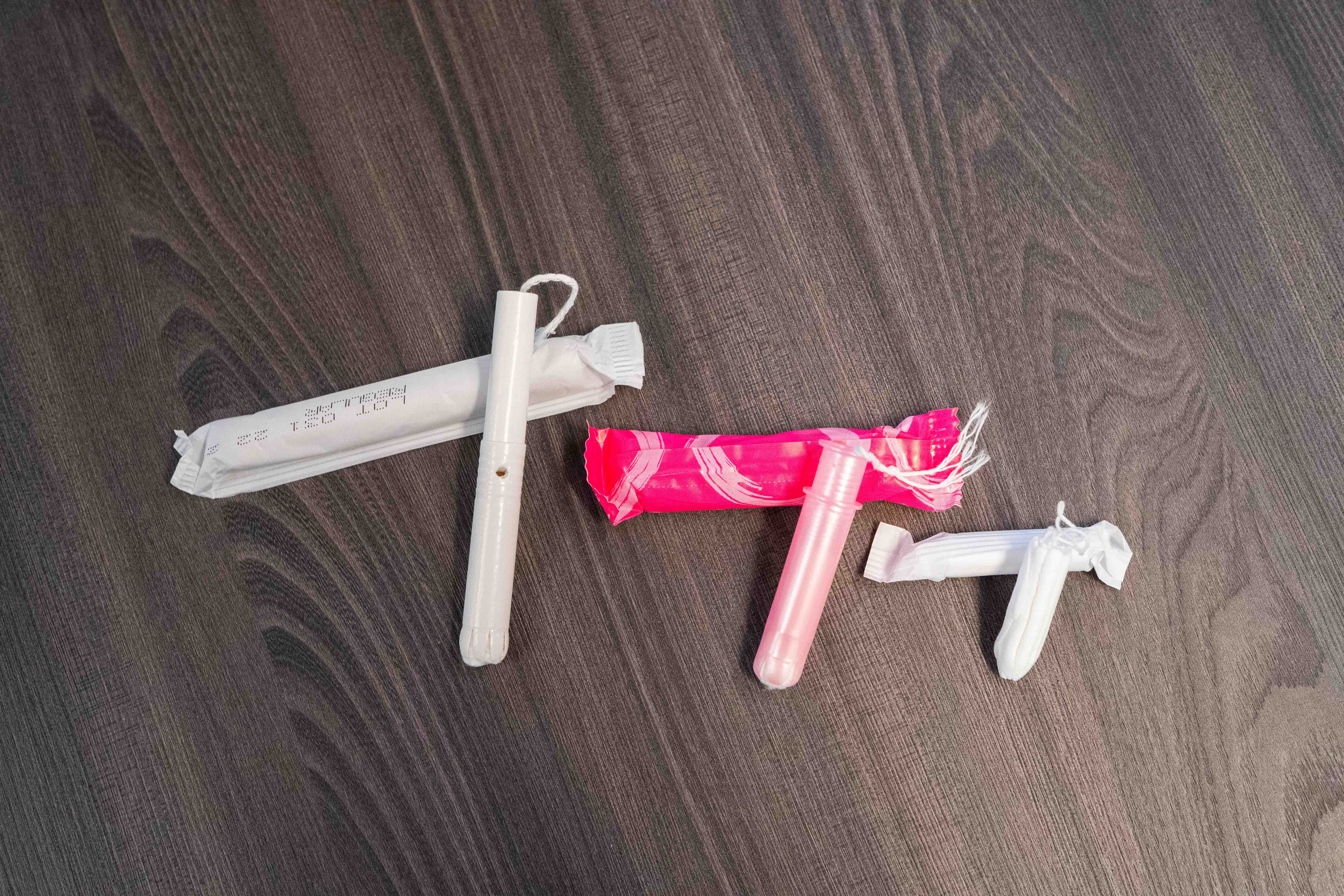 Different tampon options displayed on a table.