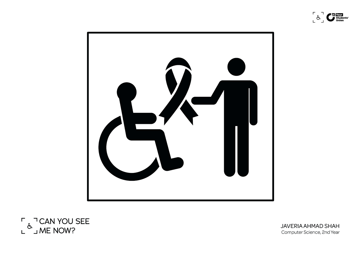 Stick figure icons of a wheelchair user and standing figure holding a col-lg campaign awareness ribbon between them