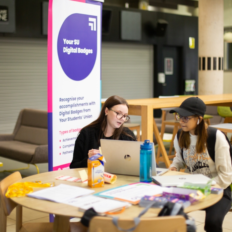 Your SU staff member talking to a student during badges workshop.